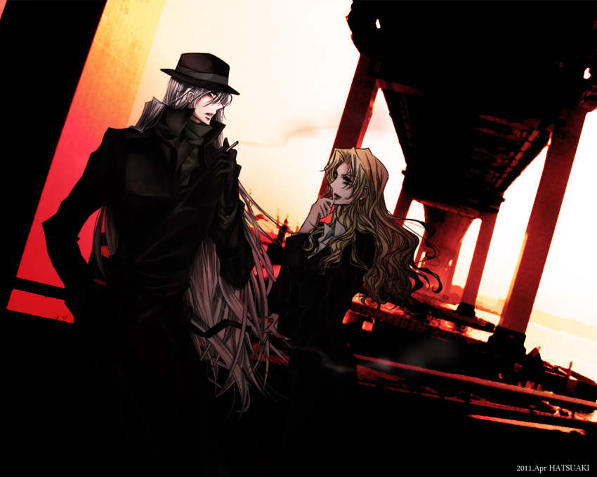 1boy 2011 bad_id bad_pixiv_id blonde_hair coat female formal gin_(meitantei_conan) hat hatsuaki long_hair meitantei_conan photoshop_(medium) suit vermouth_(meitantei_conan) white_hair