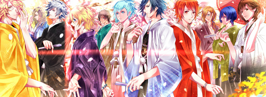 6+boys aijima_cecil asa_no_ha_(pattern) bad_id bad_pixiv_id black_hair blonde_hair blue_eyes blue_hair brown_eyes brown_hair camus_(uta_no_prince-sama) glasses glowing hand_fan haori highres hijirikawa_masato ichinose_tokiya ittoki_otoya japanese_clothes jinguuji_ren kimono kotobuki_reiji kurosaki_ranmaru kurusu_shou long_hair male_focus mikaze_ai multiple_boys new_year red_eyes red_hair shinomiya_natsuki_(uta_no_prince-sama) uta_no_prince-sama yagasuri yuna_(rutera)