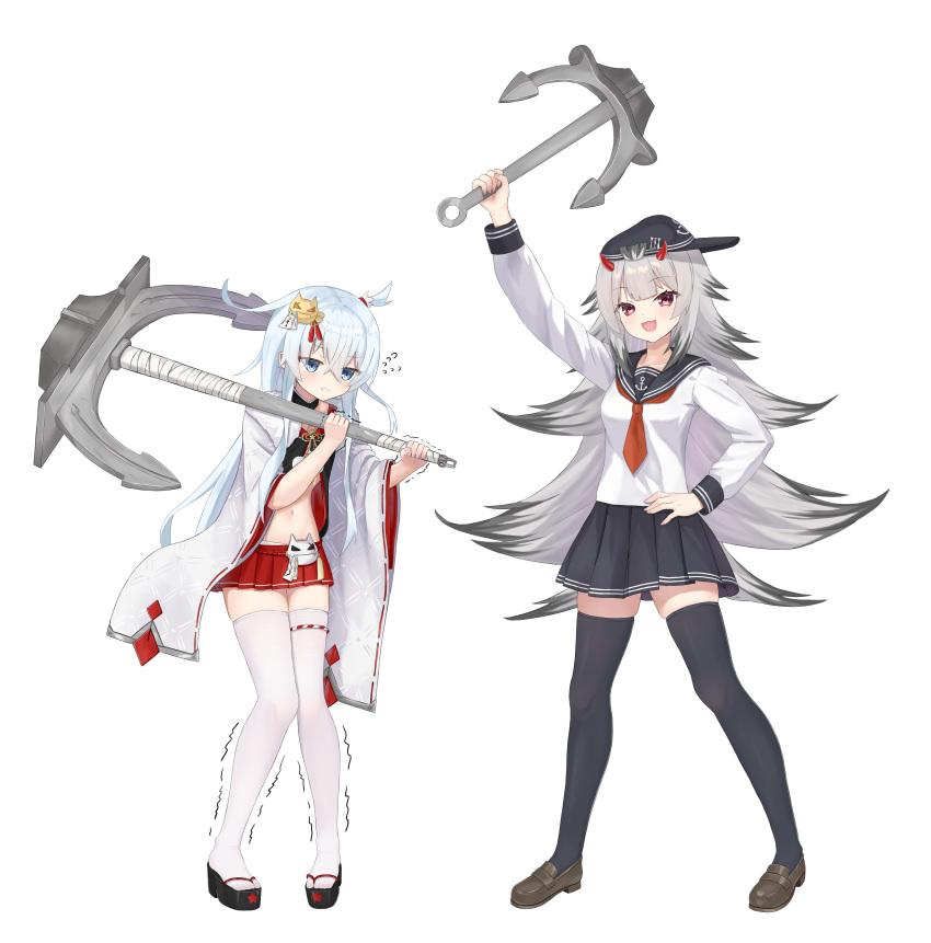 2girls absurdres anchor azur_lane black_hair black_headwear black_sailor_collar black_skirt black_thighhighs blue_eyes blue_hair brown_footwear cosplay costume_switch flying_sweatdrops gradient_hair grey_hair hibiki_(azur_lane) hibiki_(azur_lane)_(cosplay) hibiki_(kancolle) hibiki_(kancolle)_(cosplay) highres historical_name_connection holding holding_anchor japanese_clothes kantai_collection light_blue_hair long_hair long_sleeves looking_at_viewer miniskirt mrw45 multicolored_hair multiple_girls name_connection navel neckerchief okobo open_mouth pleated_skirt red_eyes red_neckerchief red_skirt sailor_collar sandals school_uniform simple_background skirt smile stomach thighhighs trembling white_background white_thighhighs wide_sleeves