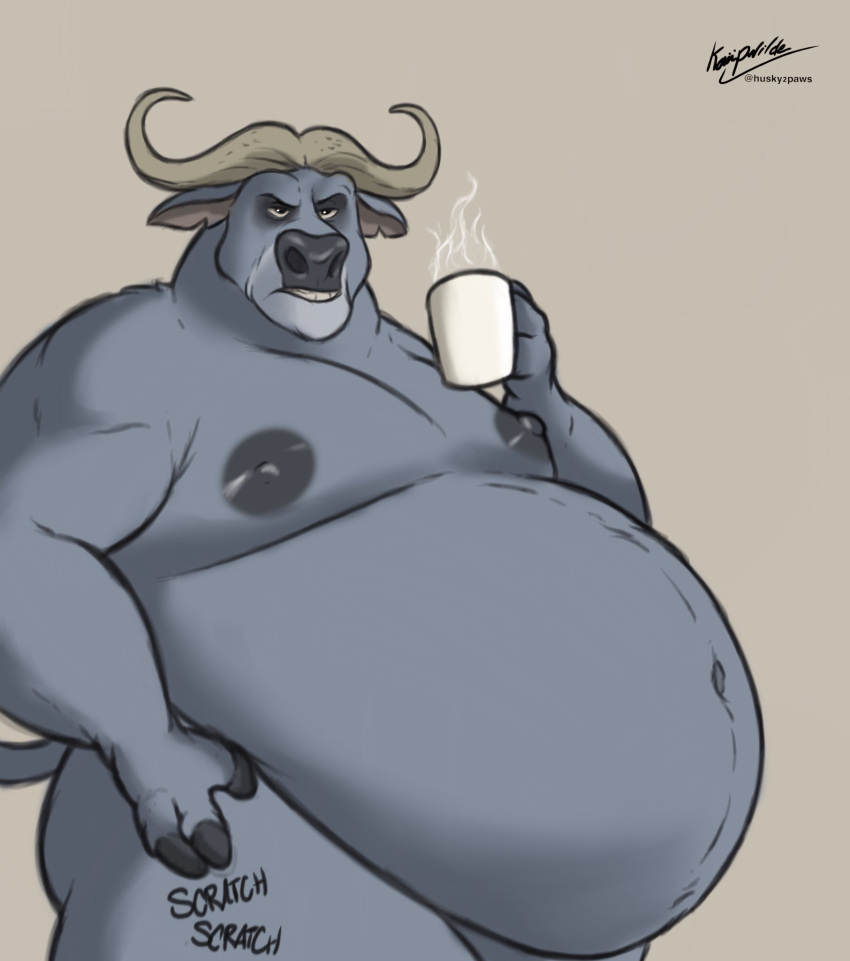 2023 anthro belly belly_overhang big_belly bovid bovine cape_buffalo chief_bogo coffee_mug disney fur half-closed_eyes half-length_portrait hand_on_hip hi_res holding_coffee_mug holding_object horn husky2paws looking_at_viewer male mammal narrowed_eyes navel nipples nude obese obese_anthro obese_male overweight overweight_anthro overweight_male portrait signature solo steam teeth zootopia