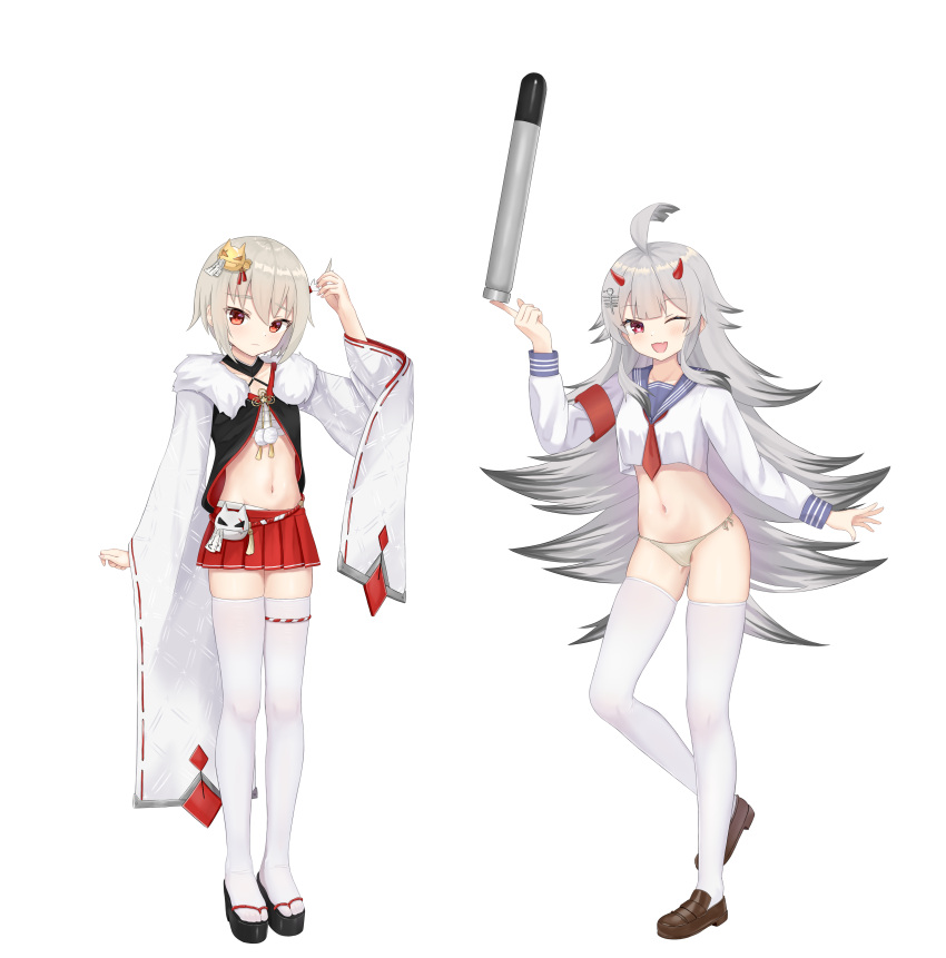 2girls absurdres ahoge azur_lane black_hair blue_sailor_collar cosplay costume_switch cropped_shirt crossover gradient_hair grey_hair hibiki_(azur_lane) hibiki_(azur_lane)_(cosplay) hibiki_(warship_girls_r) hibiki_(warship_girls_r)_(cosplay) highres historical_name_connection holding holding_torpedo horns japanese_clothes long_hair mrw45 multicolored_hair multiple_girls name_connection navel neckerchief okobo one_eye_closed open_mouth panties pleated_skirt red_eyes red_horns red_neckerchief red_skirt sailor_collar sandals school_uniform shirt short_hair side-tie_panties simple_background skirt smile stomach thighhighs torpedo underwear warship_girls_r white_background white_panties white_shirt white_thighhighs wide_sleeves zettai_ryouiki