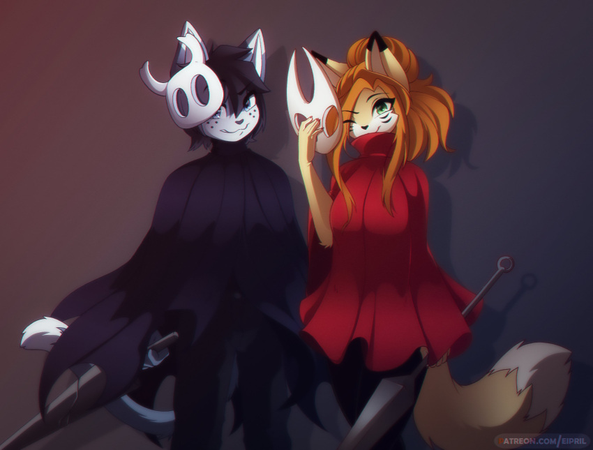 2023 anthro arthropod breasts canid canine canis cloak clothed clothing cosplay digital_media_(artwork) domestic_cat duo eipril elisabeth_(eipril) felid feline felis female fox hair halloween hi_res holidays hollow_knight hornet_(hollow_knight) insects male mammal mask melee_weapon rouen_(eipril) sword team_cherry weapon widescreen
