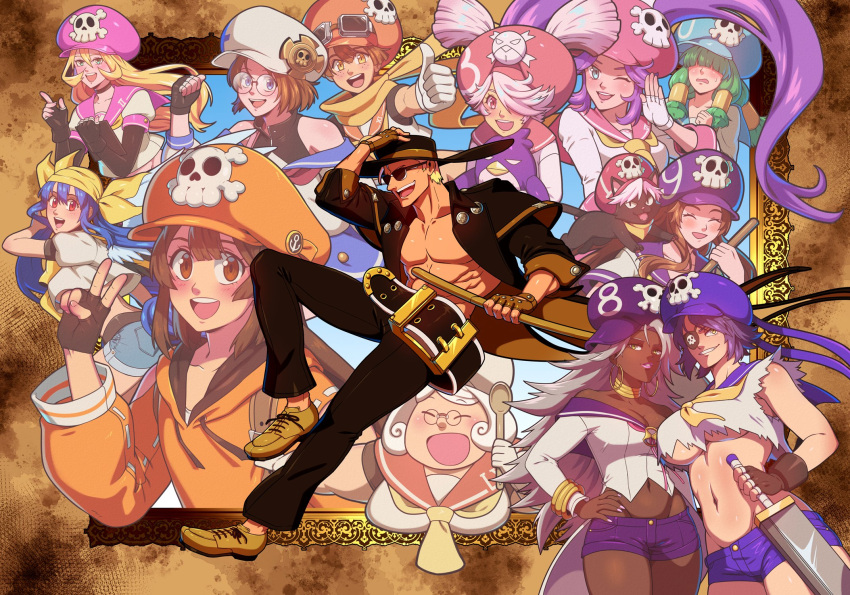 1boy 6+girls abs april_(guilty_gear) augus_(guilty_gear) bare_shoulders belt black_gloves black_jacket blonde_hair blue_hair blush breasts brown_gloves brown_hair cabbie_hat collarbone cowboy_hat crop_top dark-skinned_female dark_skin dizzy_(guilty_gear) english_commentary eyepatch febby_(guilty_gear) feline fingerless_gloves gloves green_hair grey_hair groin guilty_gear guilty_gear_strive guilty_gear_xx hair_over_eyes hair_over_one_eye hat hat_ornament highres holding holding_sword holding_weapon jacket janis_(guilty_gear) johnny_(guilty_gear) july_(guilty_gear) june_(guilty_gear) katana kitsune23star large_breasts large_pectorals leap_(guilty_gear) long_hair long_sleeves march_(guilty_gear) may_(guilty_gear) midriff multiple_girls muscular muscular_male navel novel_(guilty_gear) octy_(guilty_gear) open_mouth pants pectorals picture_frame pink_hair pirate purple_hair red_eyes sailor_collar sephy_(guilty_gear) sheath short_hair short_shorts short_sleeves shorts skull_and_crossbones skull_hat_ornament smile stuffed_animal stuffed_penguin stuffed_toy sunglasses sword thumbs_up twintails underboob v weapon wooden_spoon