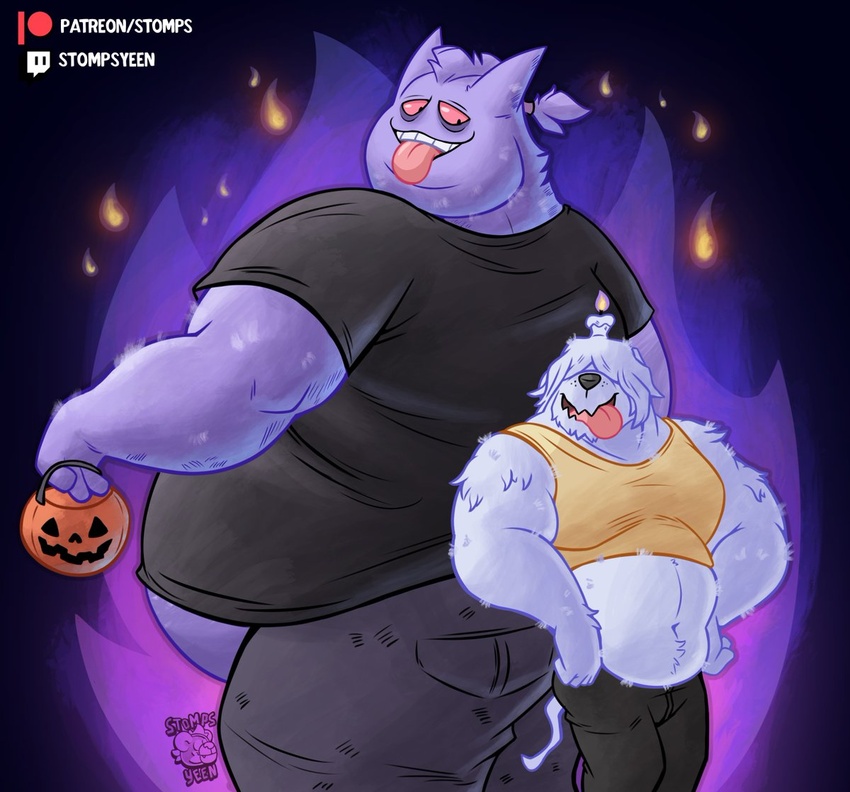 2023 anthro anthrofied ass bangs belly big_butt big_tongue black_background bottomwear clothing crop_top denim denim_bottomwear denim_clothing duo fire fur generation_1_pokemon generation_9_pokemon gengar greavard hair halloween holding_object holidays jack-o'-lantern jeans male muscular muscular_anthro muscular_male navel nintendo obese obese_anthro obese_male open_mouth open_smile overweight overweight_anthro overweight_male pants patreon pokemon pokemon_(species) pokemorph ponytail purple_background shirt simple_background size_difference smile standing stompsyeen tank_top teeth text thick_thighs tongue tongue_out topwear trick_or_treat tuft twitch.tv url watermark