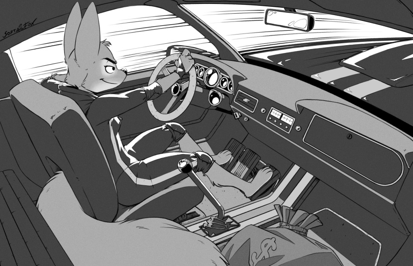 4_toes anthro barefoot big_ears big_tail black_and_white bodysuit canid canine car car_interior car_seat clothed clothing diane_foxington dreamworks driving feet fox fox_tail glistening glistening_clothing greyscale hi_res hood_down hoodie inside_car mammal money_bag monochrome motor_vehicle muscle_car narrowed_eyes red_fox skin_tight_suit skinsuit smile softailfox solo speed_lines sports_car steering_wheel tail the_bad_guys tight_clothing toes topwear true_fox vehicle vehicle_interior