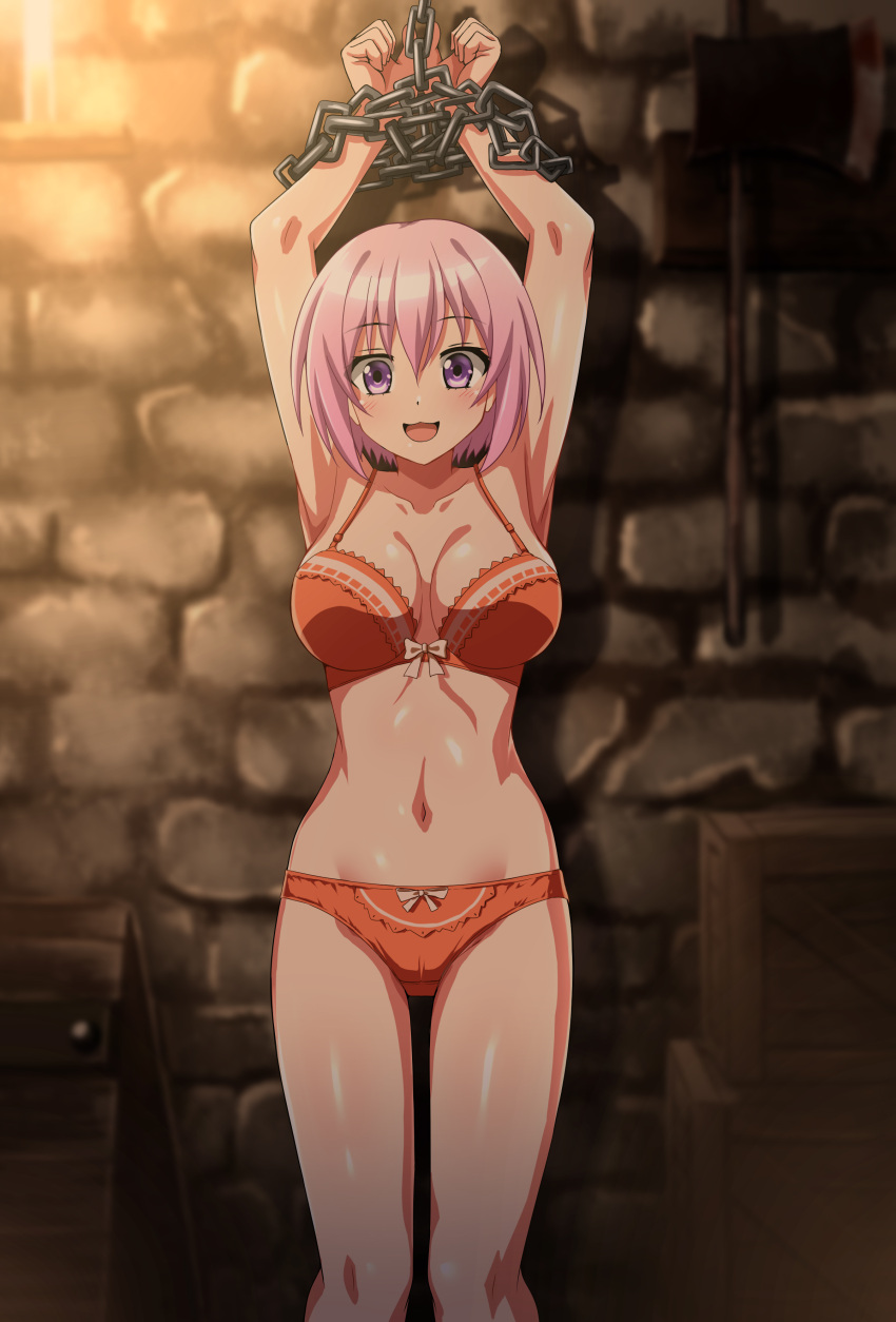 absurdres arms_up bound bow bow_bra bow_panties bra breasts brick_wall chains choujin_koukousei-tachi_wa_isekai_demo_yoyuu_de_ikinuku_you_desu! commentary_request commission crotch_seam female highres indoors lace-trimmed_bra lace_trim large_breasts looking_at_viewer navel open_mouth orange_bra orange_panties panties partial_commentary pink_eyes pink_hair pixiv_commission restrained sarutobi_shinobu short_hair smile solo standing underwear underwear_only upright_restraints variant_set zanntetu