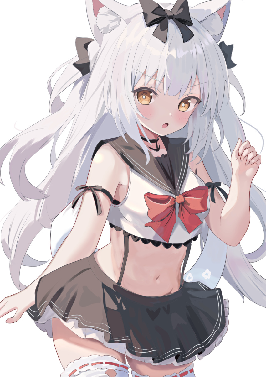 anchor_choker animal_ear_fluff animal_ears azur_lane black_bow black_sailor_collar black_skirt blush bow cat_ears cat_girl cowboy_shot crop_top female hairbow highres long_hair looking_at_viewer midriff miniskirt natsuki_(natsu_1936) navel open_mouth orange_eyes pleated_skirt red_bow ribbon-trimmed_thighhighs ribbon_trim sailor_collar school_uniform serafuku simple_background skirt solo stomach thighhighs white_background white_hair white_thighhighs yukikaze_(azur_lane)