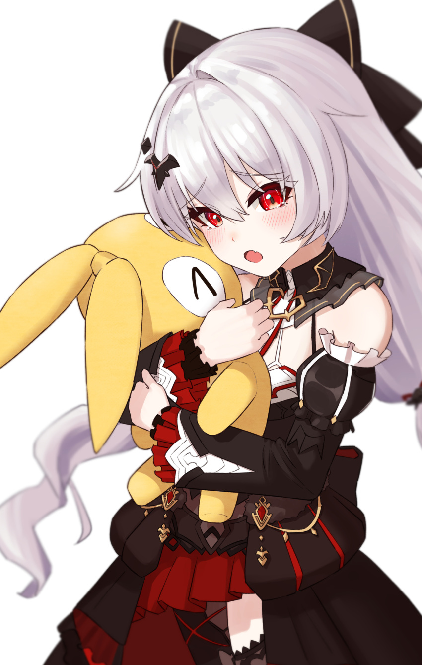 >_< absurdres bare_shoulders black_bow black_dress black_sleeves blush bow commentary_request detached_sleeves dress erio_dazima female frilled_sleeves frills hair_between_eyes hair_ornament hairbow highres homu_(honkai_impact) honkai_(series) honkai_impact_3rd hugging_object juliet_sleeves long_hair long_sleeves looking_at_viewer oerba_yun_fang open_mouth puffy_sleeves red_eyes simple_background solo stuffed_toy theresa_apocalypse theresa_apocalypse_(luna_kindred) theresa_apocalypse_(lunar_vow:_crimson_love) very_long_hair white_background white_hair