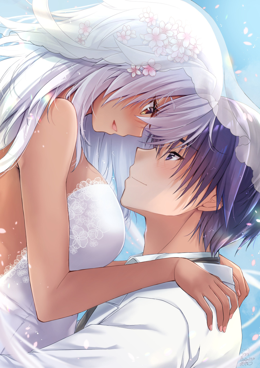 1boy absurdres admiral_(kancolle) breasts bridal_veil brown_eyes commentary_request dark-skinned_female dark_skin dress face-to-face falling_petals female fingernails flower hair_flower hair_ornament highres hug kantai_collection large_breasts lifting_person mashiro_yukiya musashi_(kancolle) petals purple_eyes purple_hair short_hair sleeveless sleeveless_dress smile straight suit veil wedding wedding_dress white_dress white_suit