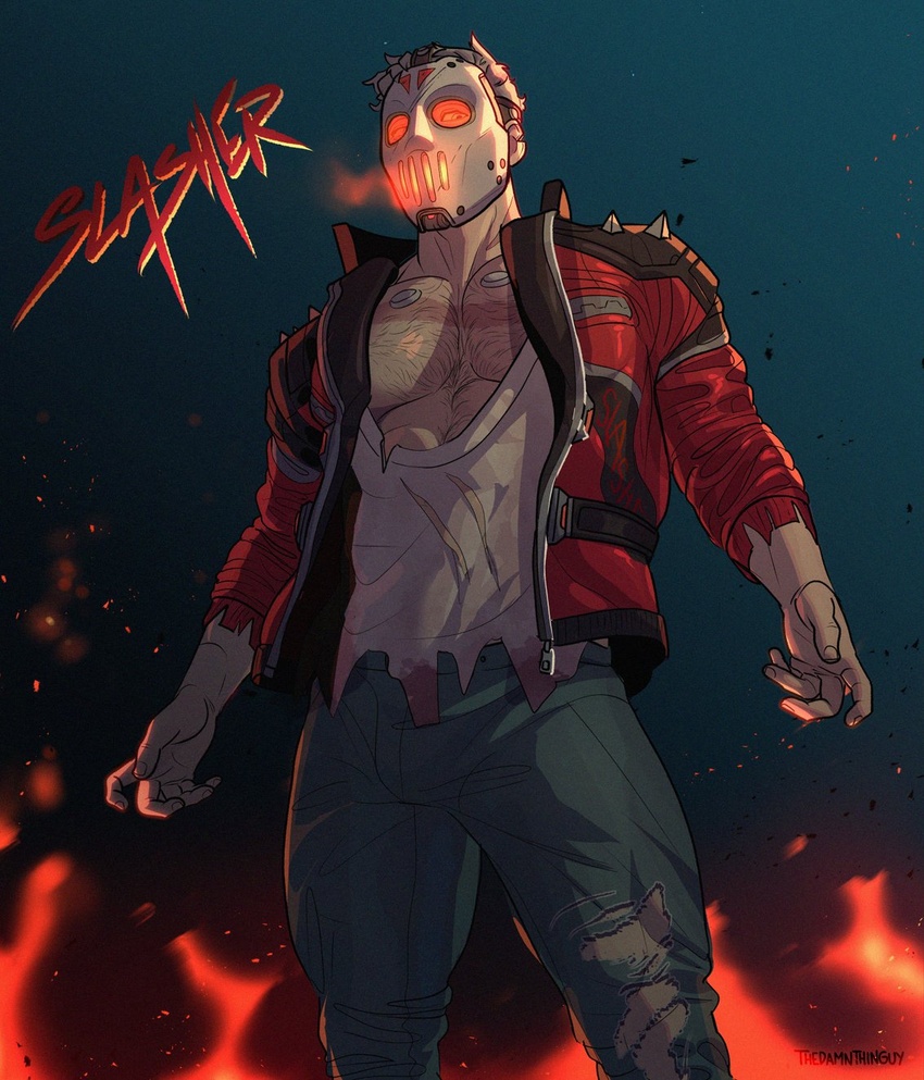 1boy ashes bara denim fire highres hockey_mask jacket jeans male_focus mask mature_male muscular muscular_male night night_sky official_alternate_costume open_clothes open_jacket overwatch overwatch_1 paid_reward_available pants pectoral_cleavage pectorals red_jacket scar scar_on_chest shirt shoulder_spikes signature sky slasher:_76 soldier:_76_(overwatch) solo spikes tank_top thedamnthinguy torn_clothes torn_jeans torn_pants torn_shirt white_hair white_tank_top