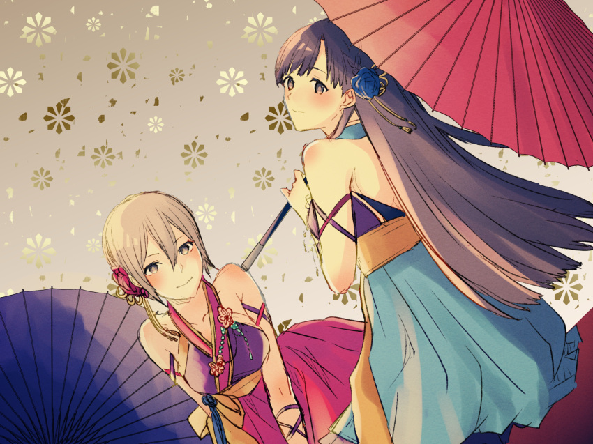 2girls black_hair blush breasts grey_hair hagoromo_komachi_(idolmaster) hair_between_eyes highres holding holding_umbrella idolmaster idolmaster_cinderella_girls japanese_clothes kobayakawa_sae light_smile long_hair looking_at_viewer looking_back medium_breasts multiple_girls nishimura_(shinchinagachi) oil-paper_umbrella patterned_background shiomi_syuko short_hair umbrella very_long_hair