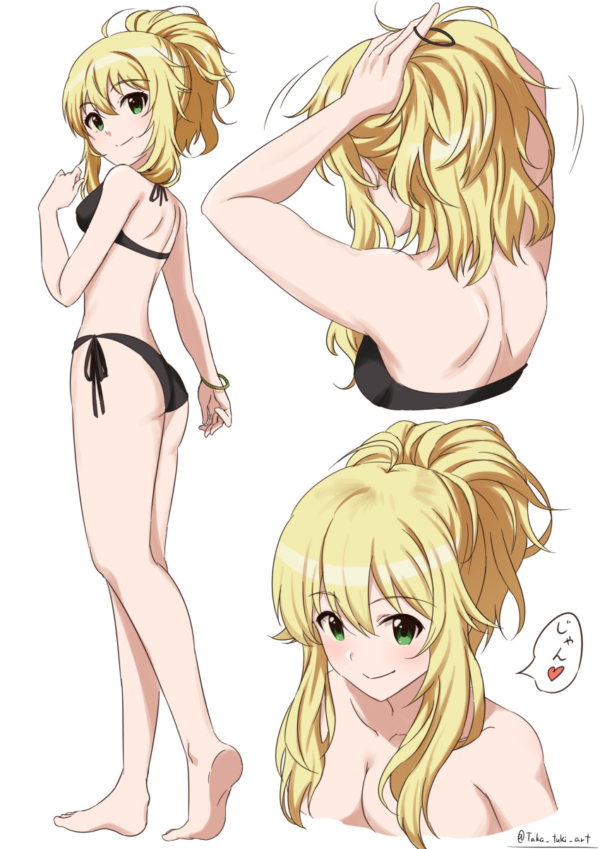 absurdres ahoge alternate_hairstyle ass bare_shoulders barefoot bikini black_bikini blonde_hair blush breasts cleavage collarbone commentary_request female green_eyes hair_lift hand_in_own_hair hands_in_hair highres holding holding_own_hair hoshii_miki idolmaster long_hair medium_breasts multiple_views ponytail side-tie_bikini_bottom smile swimsuit takatsuki_p thighs tying_hair