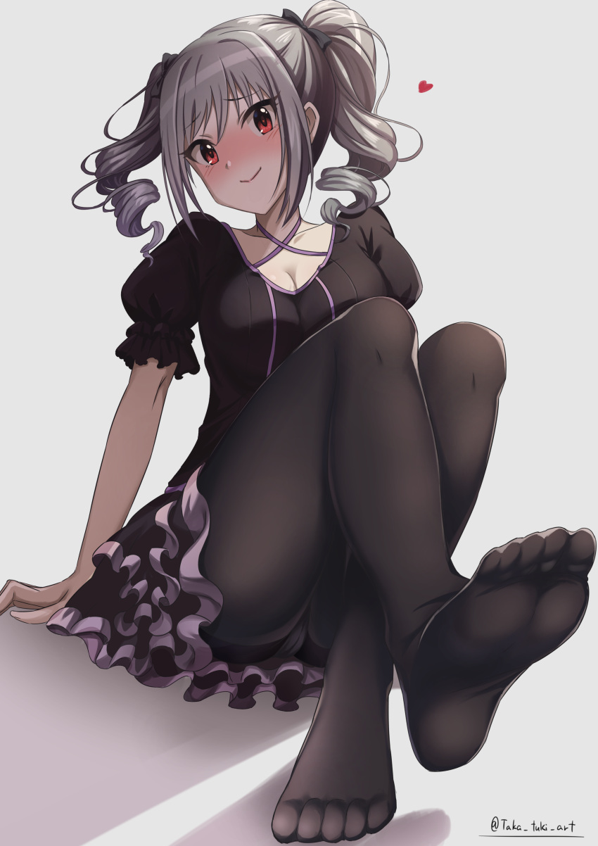 absurdres black_dress black_pantyhose breasts cameltoe cleavage collarbone crossed_legs dress drill_hair feet female foot_focus foreshortening grey_background grey_hair head_tilt heart highres idolmaster idolmaster_cinderella_girls kanzaki_ranko long_hair looking_at_viewer medium_breasts no_shoes panties panties_under_pantyhose pantyhose pantyshot puffy_short_sleeves puffy_sleeves red_eyes short_sleeves sitting smile soles solo takatsuki_p thighs toes twin_drills twitter_username underwear