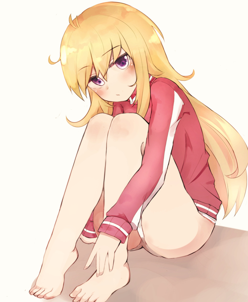 ahoge bare_legs barefoot blonde_hair blush closed_mouth commentary feet female full_body gabriel_dropout gabriel_tenma_white hair_between_eyes highres jacket legs long_hair long_sleeves looking_at_viewer no_pants panties pantyshot purple_eyes red_jacket rogu_(log_264) sitting solo toes track_jacket underwear very_long_hair white_background white_panties zipper_pull_tab