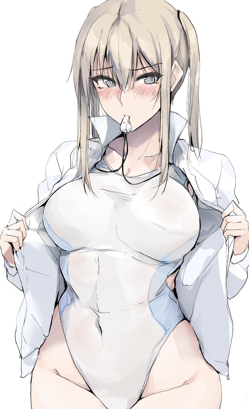 black_shirt blush breasts closed_mouth collarbone covered_navel cowboy_shot female graf_zeppelin_(kancolle) grey_eyes groin hair_between_eyes highres jacket kantai_collection large_breasts long_hair long_sleeves mouth_hold one-piece_swimsuit open_clothes open_jacket shirt simple_background solo swimsuit whistle whistle_around_neck white_background white_jacket white_one-piece_swimsuit zekkyon