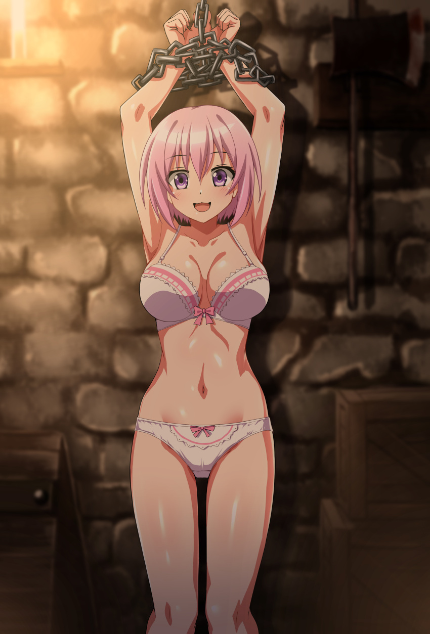 absurdres arms_up bound bow bow_bra bow_panties bra breasts brick_wall chains choujin_koukousei-tachi_wa_isekai_demo_yoyuu_de_ikinuku_you_desu! commentary_request commission crotch_seam female highres indoors lace-trimmed_bra lace_trim large_breasts looking_at_viewer navel open_mouth panties partial_commentary pink_eyes pink_hair pixiv_commission restrained sarutobi_shinobu short_hair smile solo standing underwear underwear_only upright_restraints variant_set white_bra white_panties zanntetu