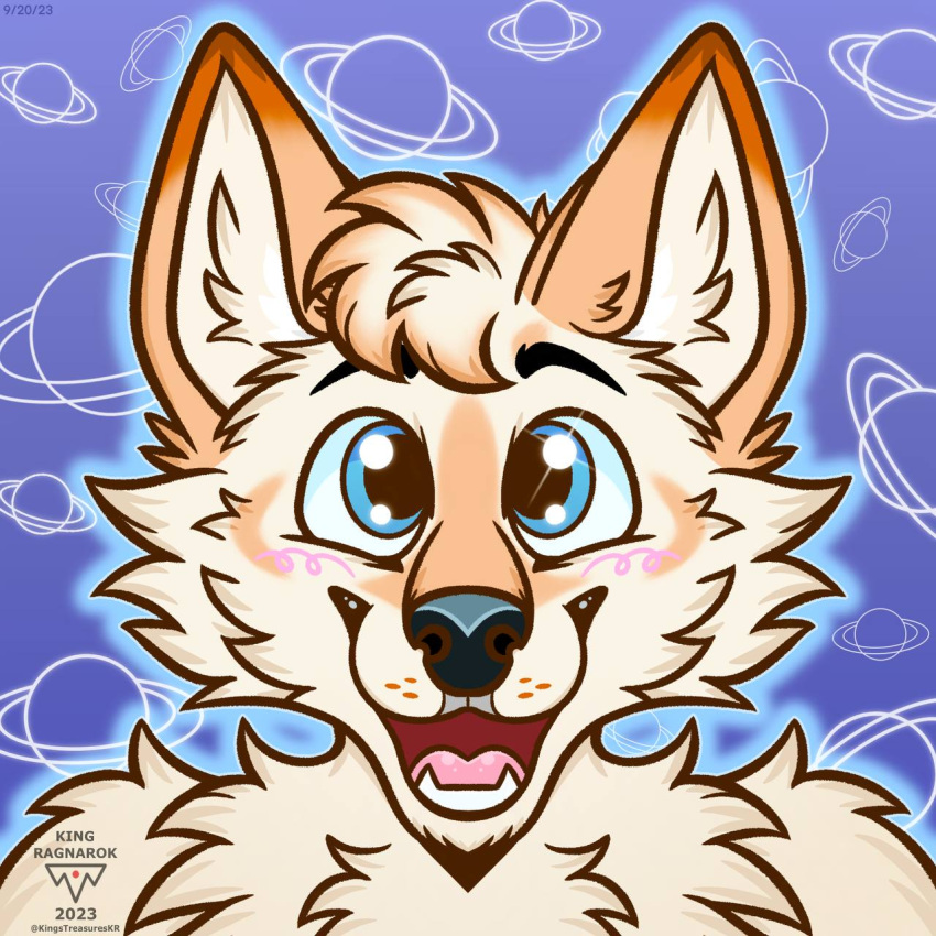 1:1 2023 ambiguous_gender anthro black_nose blue_background blue_eyes blush blush_lines canid canine canis digital_media_(artwork) fur hi_res icon kingstreasures looking_at_viewer mammal open_mouth open_smile saturn_(planet) simple_background smile solo symmetry watermark white_body white_fur wolf