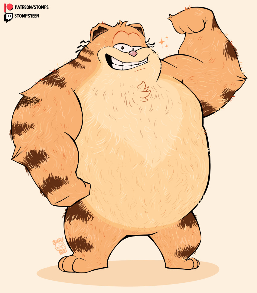 2023 3_toes 4_fingers absurd_res anthro belly biceps chest_tuft domestic_cat feet felid feline felis fingers flexing fur garfield_(series) grin half-closed_eyes head_tuft hi_res looking_at_viewer male mammal mature_anthro mature_male musclegut muscular muscular_anthro muscular_male narrowed_eyes notched_ear nude obese obese_anthro obese_male orange_body orange_fur overweight overweight_anthro overweight_male patreon pink_nose shadow short_legs simple_background smile solo sony_corporation sony_pictures sparkles standing stompsyeen striped_body striped_fur stripes tan_background teeth text the_garfield_movie_(2024) toes tuft twitch.tv url vic_(garfield) watermark whiskers