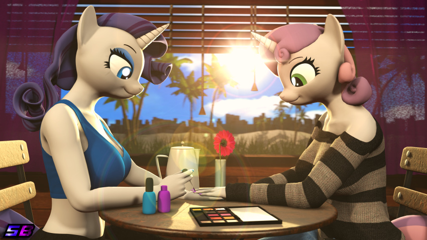 16:9 3d_(artwork) 4k absurd_res age_difference aged_up anthro anthrofied breasts clothed clothing crop_top digital_media_(artwork) duo equid equine female flower friendship_is_magic furniture hasbro hi_res horn makeup mammal my_little_pony mythological_creature mythological_equine mythology off_shoulder painting_nails plant rarity_(mlp) shadowboltsfm shirt sibling_(lore) sister_(lore) sisters_(lore) sitting sweetie_belle_(mlp) table topwear unicorn widescreen