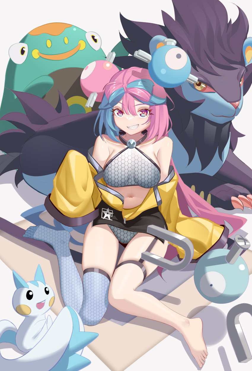 absurdres bare_shoulders barefoot bellibolt blue_hair bow-shaped_hair breasts character_hair_ornament colored_sclera crop_top female garter_straps grey_thighhighs grin hair_ornament halterneck hexagon_print highres iono_(pokemon) jacket legs long_hair looking_at_viewer low-tied_long_hair luai luxray magnemite medium_breasts midriff multicolored_hair navel oversized_clothes pachirisu pink_eyes pink_hair pokemon pokemon_(creature) pokemon_sv red_sclera sharp_teeth shirt single_thighhigh sitting sleeveless sleeveless_shirt sleeves_past_fingers sleeves_past_wrists smile split-color_hair teeth thigh_gap thigh_strap thighhighs toes twintails two-tone_hair very_long_hair very_long_sleeves yellow_eyes yellow_jacket