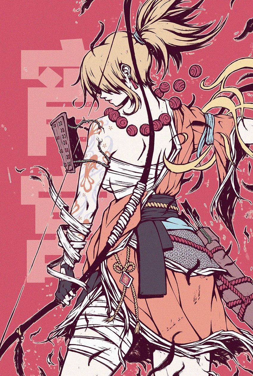 akramness arrow_(projectile) bandages bead_necklace beads black_sash blonde_hair blue_sash bow_(weapon) chest_sarashi commentary cowboy_shot female from_behind genshin_impact highres holding holding_bow_(weapon) holding_weapon jewelry medium_hair necklace ponytail quiver red_background sarashi sash solo weapon yoimiya_(genshin_impact)