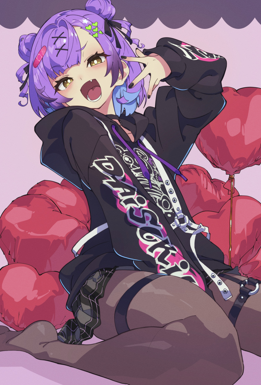 arm_up balloon bandaid bandaid_hair_ornament between_legs black_hoodie black_nails black_ribbon black_skirt blush bright_pupils brown_eyes brown_pantyhose double_bun drawstring female hair_bun hair_ornament hair_ribbon hand_between_legs heart heart_balloon heart_hair_ornament highres hinomori_anzu hood hood_down hoodie indie_virtual_youtuber long_sleeves looking_at_viewer miniskirt nail_polish no_shoes oerba_yun_fang open_mouth pantyhose plaid plaid_skirt purple_hair ribbon short_hair skirt solo thigh_strap thighs ushiki_yoshitaka virtual_youtuber x_hair_ornament