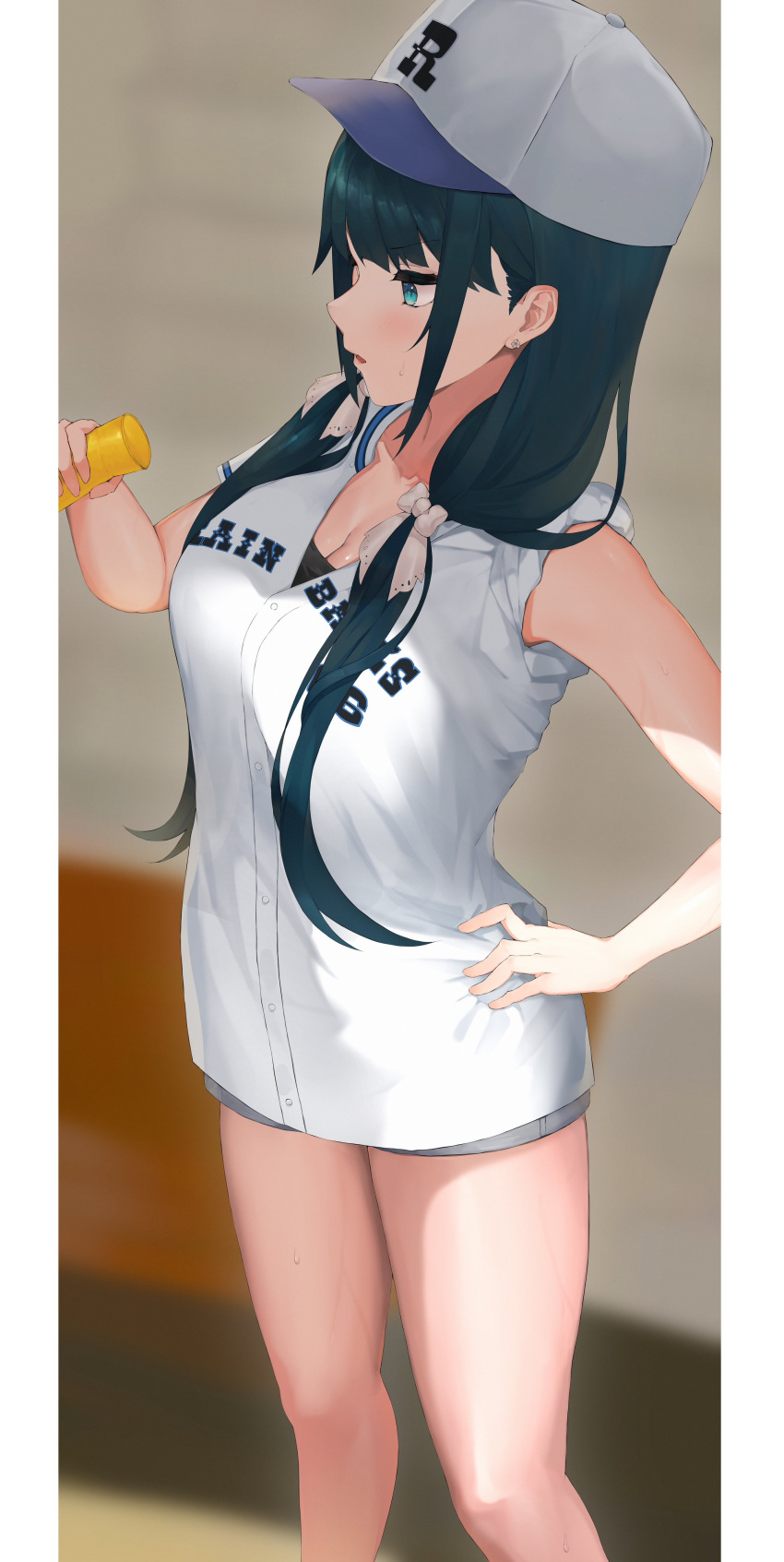 absurdres amatou_(ko_me_9) baseball_cap baseball_uniform black_hair black_undershirt blue_eyes bow breasts cleavage clothes_writing earrings female green_hair grey_shorts hair_over_one_eye hairbow hand_on_own_hip hat highres holding jewelry large_breasts long_hair low_twintails megaphone nijisanji onomachi_haruka onomachi_haruka_(5th_costume) shirt short_shorts short_sleeves shorts sleeves_rolled_up solo sportswear standing sweat sweatdrop thighs twintails virtual_youtuber white_bow white_shirt