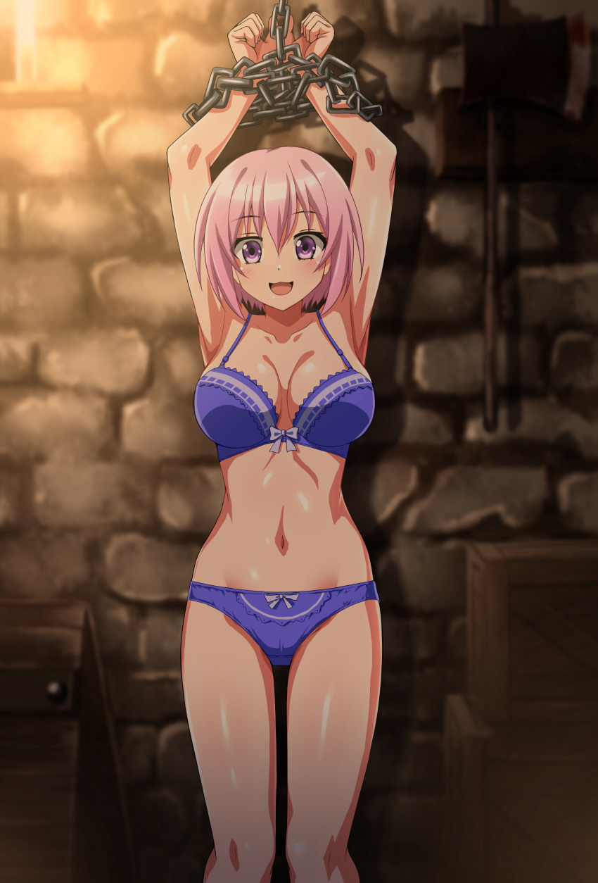 absurdres arms_up blue_bra blue_panties bound bow bow_bra bow_panties bra breasts brick_wall chains choujin_koukousei-tachi_wa_isekai_demo_yoyuu_de_ikinuku_you_desu! commentary_request commission crotch_seam female highres indoors lace-trimmed_bra lace_trim large_breasts looking_at_viewer navel open_mouth panties partial_commentary pink_eyes pink_hair pixiv_commission restrained sarutobi_shinobu short_hair smile solo standing underwear underwear_only upright_restraints variant_set zanntetu