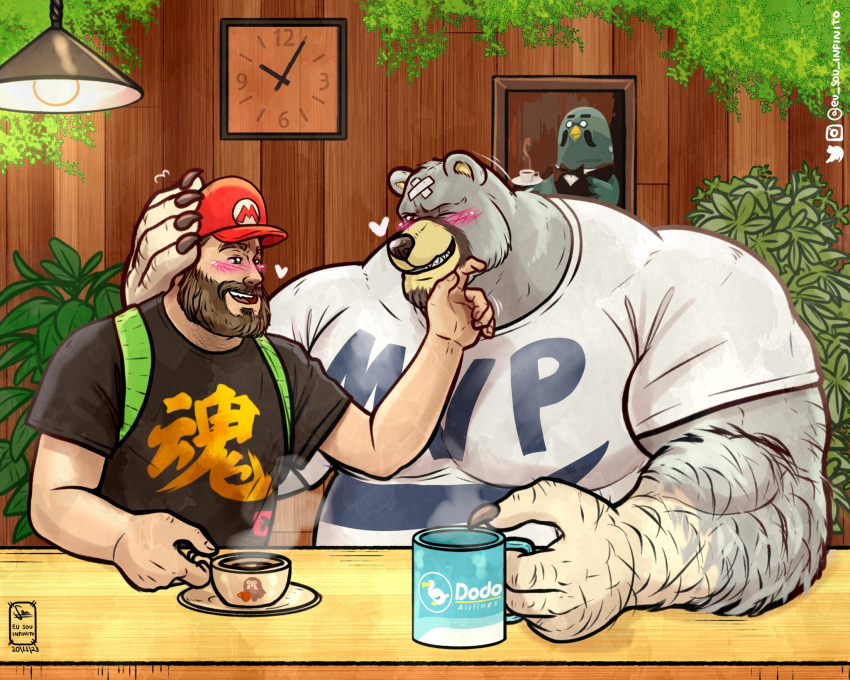 animal_crossing anthro arm_hair bear beard big_muscles big_pecs blush body_hair brewster_(animal_crossing) brown_hair cafe canon_x_oc clothing curt_(animal_crossing) duo eu_sou_infinito eye_contact facial_hair fur grey_body grey_fur hair hairy hand_on_cheek hat headgear headwear heart_symbol hi_res holding_head holding_partner human intimate larger_anthro larger_male looking_at_another male male/male mammal moustache multicolored_body multicolored_fur musclegut muscular muscular_anthro muscular_human muscular_male nintendo pecs romantic romantic_couple shirt size_difference smaller_human smaller_male topwear yellow_body yellow_fur