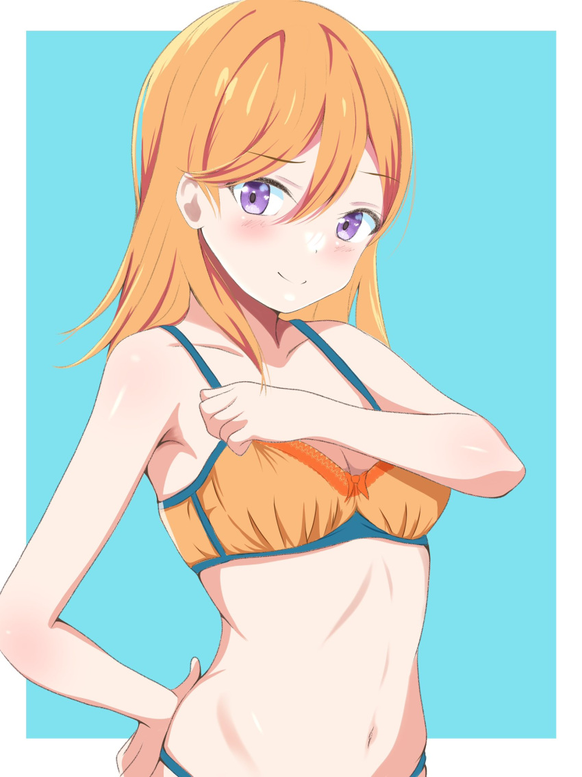 borgbutler bra closed_mouth collarbone commentary_request female hair_between_eyes highres love_live! love_live!_superstar!! medium_hair navel orange_bra orange_hair purple_eyes shibuya_kanon smile solo stomach underwear upper_body