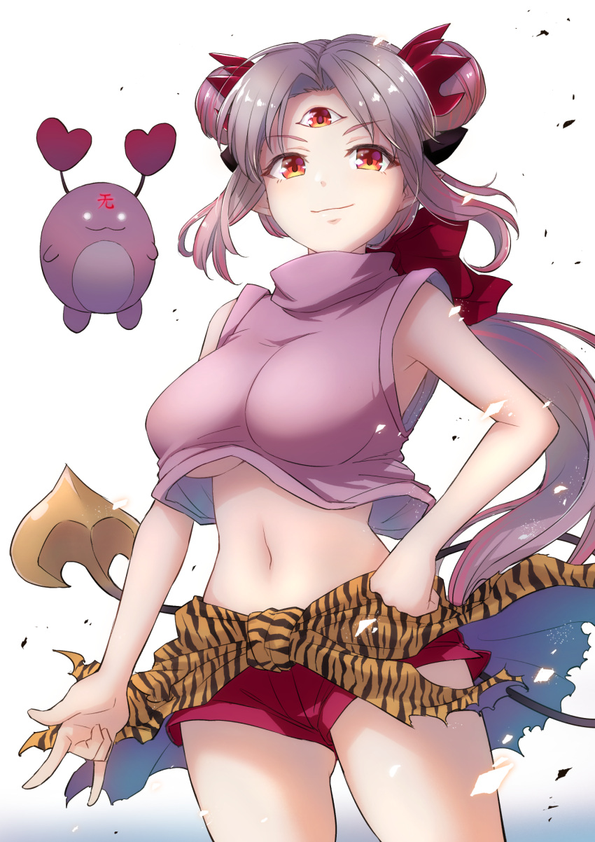 3x3_eyes \m/ animal_print ayanokouji_pai ayanokouji_pai_(cosplay) blush breasts clenched_hand closed_mouth commentary_request cosplay cowboy_shot creature crop_top demon_horns demon_tail female glowing glowing_eyes gradient_hair grey_hair highres honey_strap horns jyaco large_breasts long_hair looking_at_viewer medium_bangs midriff multicolored_hair nanashi_inc. navel parvati_iv parvati_iv_(cosplay) pink_hair pink_shirt pointy_ears print_cape red_horns red_shorts shirt shorts sidelocks simple_background sleeveless sleeveless_shirt smile solo suou_patra tail third_eye tiger_print turtleneck underboob virtual_youtuber waist_cape white_background