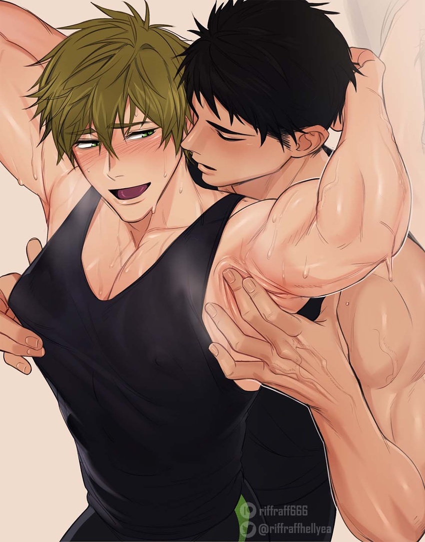 2boys armpit_crease armpits bara black_hair black_tank_top blush brown_hair closed_eyes couple covered_nipples free! green_eyes highres kinktober large_pectorals looking_at_another male_focus multiple_boys muscular muscular_male open_mouth patreon_username pectorals riffraffhellyea short_hair sweat tachibana_makoto tank_top twitter_username yamazaki_sousuke yaoi