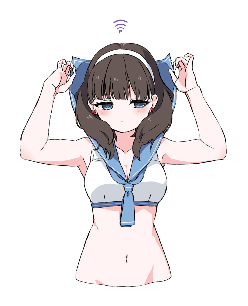 absurdres alternate_costume blush breasts brown_hair cleavage collarbone cropped_torso earrings female hairband heart heart_earrings highres idolmaster idolmaster_cinderella_girls jewelry medium_breasts navel pure_556 sailor_bikini sailor_collar sailor_swimsuit_(idolmaster) sakuma_mayu simple_background solo stomach upper_body white_hairband wi-fi_symbol