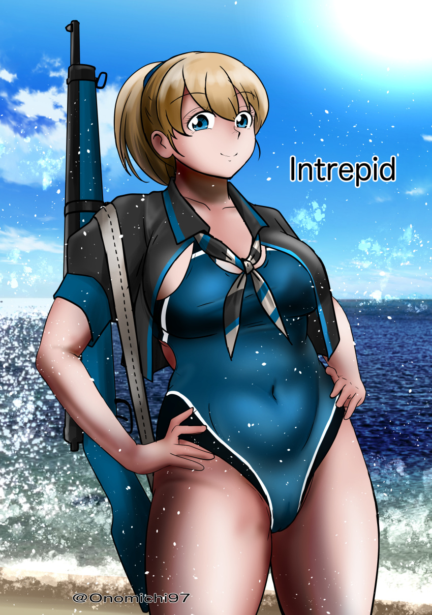 beach blue_eyes blue_one-piece_swimsuit bolt_action breasts brown_hair covered_navel cowboy_shot curvy female gun hair_between_eyes high_side_ponytail highres intrepid_(kancolle) kantai_collection large_breasts looking_at_viewer m1903_springfield one-hour_drawing_challenge one-piece_swimsuit onomichi_(528959) plump ponytail rifle short_hair smile solo swimsuit water weapon