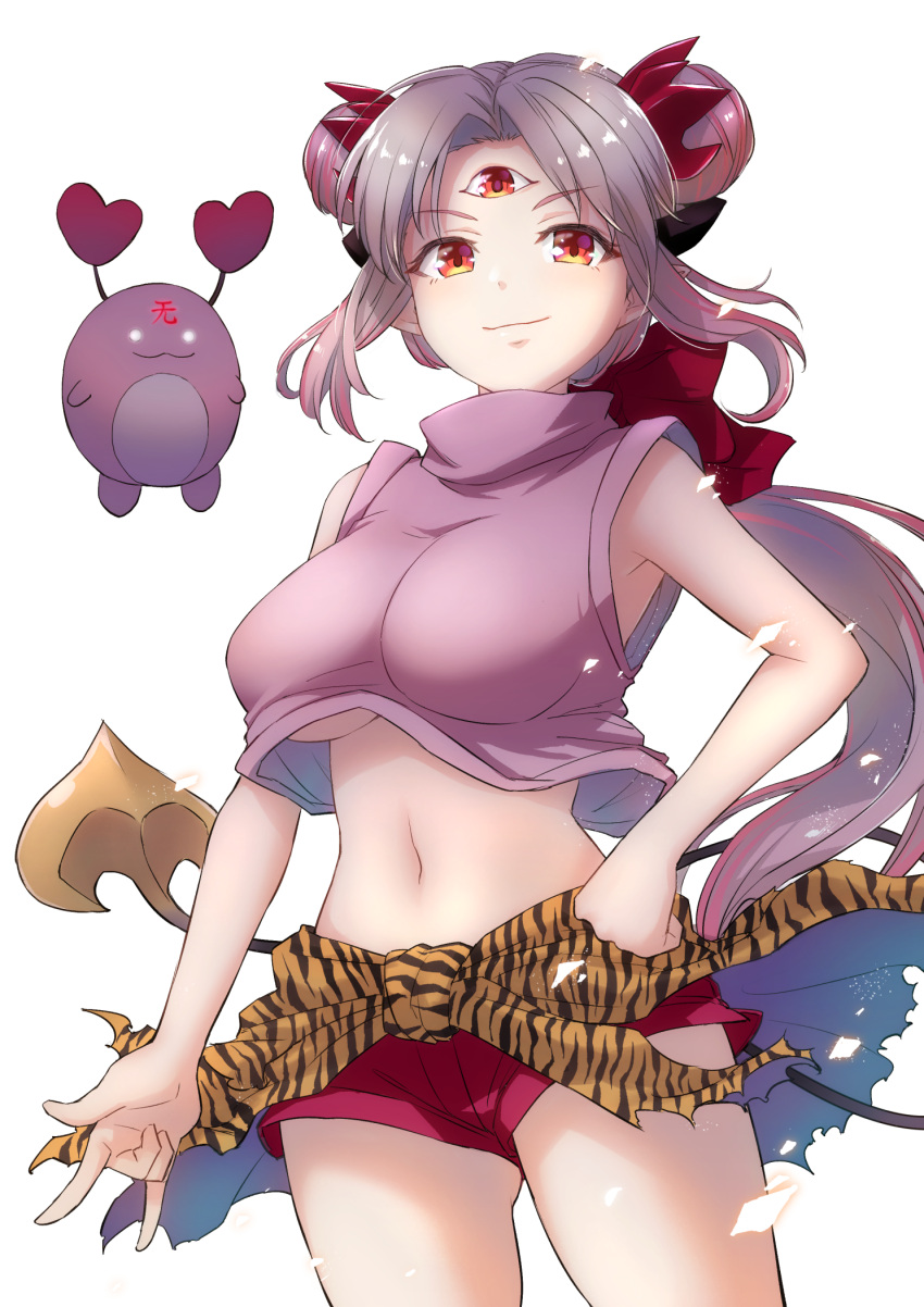 3x3_eyes \m/ animal_print ayanokouji_pai ayanokouji_pai_(cosplay) blush breasts clenched_hand closed_mouth commentary_request cosplay cowboy_shot creature crop_top demon_horns demon_tail female glowing glowing_eyes gradient_hair grey_hair highres honey_strap horns jyaco large_breasts long_hair looking_at_viewer medium_bangs midriff multicolored_hair nanashi_inc. navel parvati_iv parvati_iv_(cosplay) pink_hair pink_shirt pointy_ears print_cape red_horns red_shorts shirt shorts sidelocks simple_background sleeveless sleeveless_shirt smile solo suou_patra tail third_eye tiger_print transparent_background turtleneck underboob virtual_youtuber waist_cape