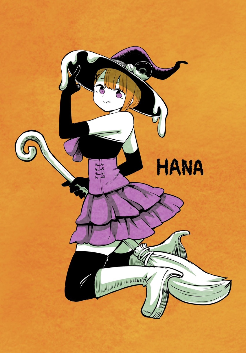 black_gloves black_headwear breasts broom broom_riding female gloves hair_between_eyes halloween_costume hat highres izumi_(toubun_kata) large_breasts looking_at_viewer mieruko-chan miniskirt orange_hair purple_eyes short_hair simple_background skirt smile witch witch_hat yurikawa_hana