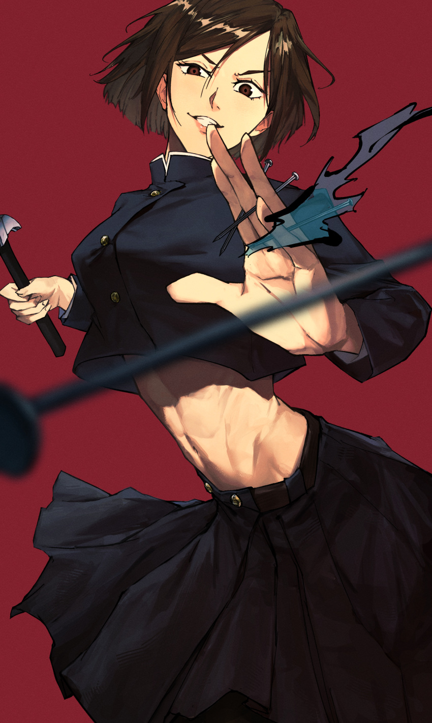 absurdres black_skirt brown_eyes brown_hair claw_hammer clenched_teeth cowboy_shot cursed_energy female grin hammer highres holding holding_hammer jujutsu_kaisen kugisaki_nobara long_sleeves looking_at_viewer madoro_q nail navel pantyhose red_background short_hair simple_background skirt smile solo stomach teeth