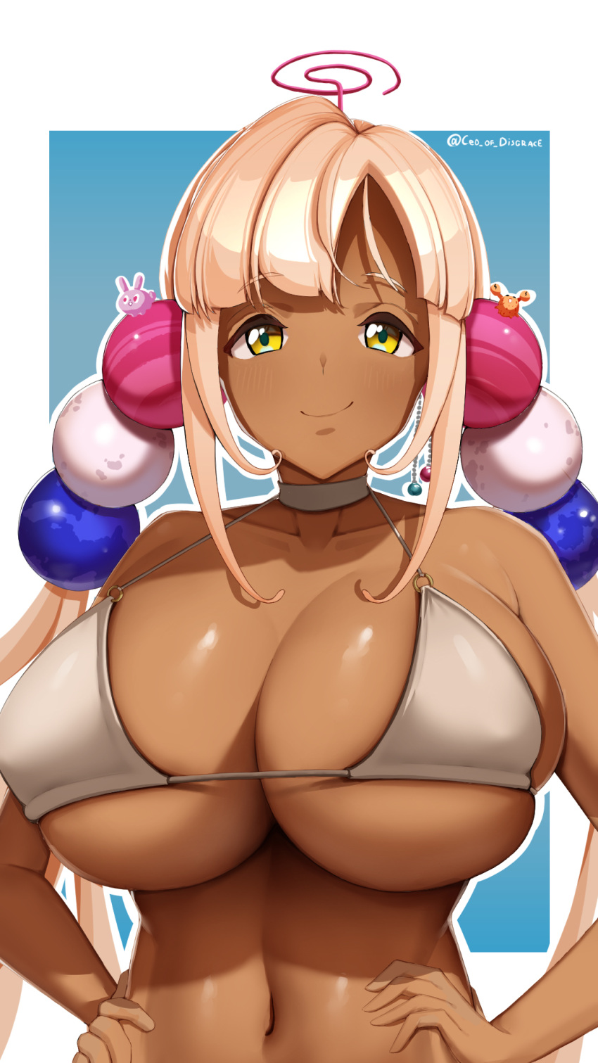 bikini breasts ceo_of_disgrace crab female hair_ornament highres hololive hololive_english large_breasts light_brown_hair light_smile long_hair looking_at_viewer navel planet rabbit signature smile solo swimsuit tsukumo_sana virtual_youtuber yellow_eyes