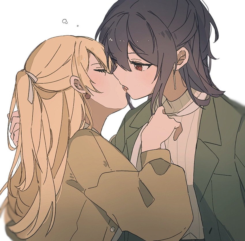 2girls bang_dream! black_hair blonde_hair blush bow brown_footwear closed_eyes commentary dangle_earrings earrings facing_another green_jacket hairbow half_updo high_ponytail jacket jewelry kissing long_hair long_sleeves multiple_girls open_mouth red_eyes seri_(vyrlw) seta_kaoru shirasagi_chisato tongue tongue_out turtleneck twintails white_background white_bow yuri