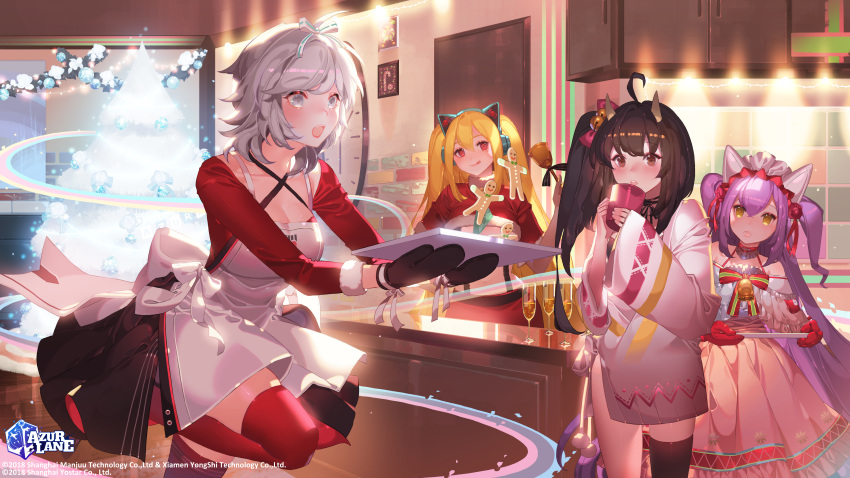 4girls absurdres ahoge animal_ear_headphones animal_ears apron axent_wear azur_lane bell black_gloves blonde_hair blush bow breasts brown_eyes brown_hair capelet cat_ear_headphones christmas cleavage commentary concord_(azur_lane) concord_(sweet_christmas)_(azur_lane) copyright_name criss-cross_halter cup dewey_(a_christmas_thank-you)_(azur_lane) dewey_(azur_lane) dress english_commentary fake_animal_ears fangs food fur-trimmed_capelet fur-trimmed_sleeves fur_trim gingerbread_man gloves grey_eyes grey_hair hair_bell hair_between_eyes hair_ornament hair_ribbon hairbow halterneck head_tilt headphones highres holding holding_bell holding_cup holding_tray horns isuzu_(azur_lane) isuzu_(cozy_christmas_eve)_(azur_lane) large_breasts long_dress long_hair long_sleeves looking_at_viewer medium_breasts midriff miniskirt multiple_girls no_bra off-shoulder_dress off_shoulder official_alternate_costume official_alternate_hairstyle official_art open_mouth orange_sekaii purple_hair red_capelet red_eyes red_gloves red_skirt red_thighhighs ribbon seattle_(azur_lane) seattle_(christmas_party_prep)_(azur_lane) second-party_source short_hair side_ponytail single_thighhigh skindentation skirt smile standing standing_on_one_leg star-shaped_pupils star_(symbol) suspender_skirt suspenders symbol-shaped_pupils thighhighs tongue tongue_out tray turtleneck twintails two_side_up very_long_hair wide_sleeves yellow_eyes