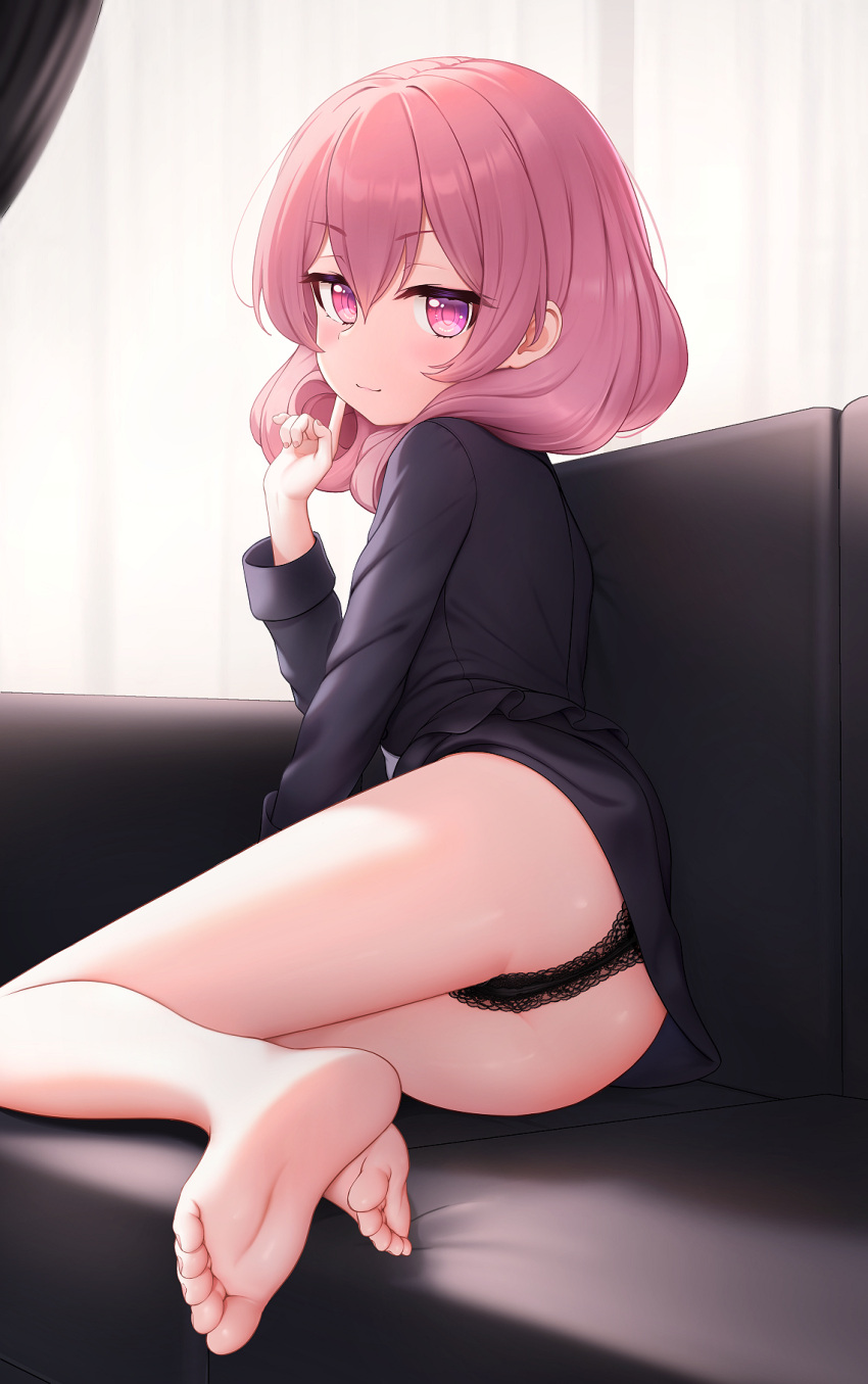 bare_legs barefoot black_jacket black_panties black_skirt cementite closed_mouth couch feet female foot_focus foreshortening highres indoors jacket lace lace_panties legs long_hair long_sleeves looking_at_viewer miniskirt neneka_(princess_connect!) neneka_(real)_(princess_connect!) on_couch panties pink_eyes pink_hair pointy_ears princess_connect! sitting skirt soles solo toenails toes underwear yokozuwari