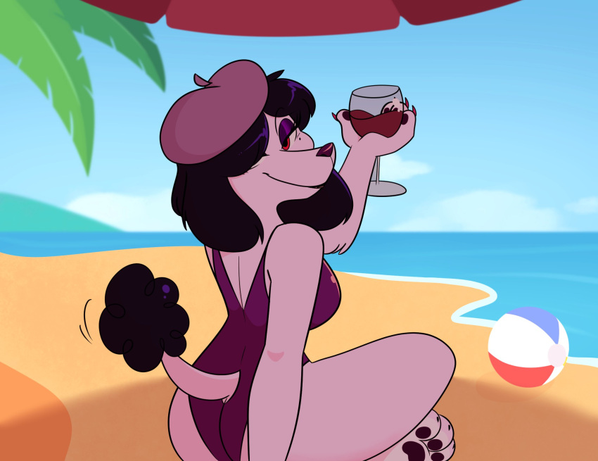 2019 3_claws 3_toes 4_fingers alcohol anthro arm_tuft ball barefoot beach beach_ball beach_umbrella bedroom_eyes beret beverage big_breasts biped black_claws black_eyebrows black_hair black_lipstick black_pawpads black_tail_tip blue_sky breasts canid canine canis claws closed_smile clothed clothed_anthro clothed_female clothing cloud collaboration colored container countershade_feet countershade_torso countershading cup detailed_background digital_drawing_(artwork) digital_media_(artwork) dipstick_tail dog_tail domestic_dog drinking_glass elbow_tuft eyebrows eyelashes eyeshadow feet female female_anthro fingers fur furgonomic_swimwear furgonomics glass glass_container glass_cup glistening glistening_clothing glistening_eyes glistening_hair glistening_swimwear hair hair_over_eye half-closed_eyes hat headgear headwear hi_res holding_wine_glass inflatable kabula_(artist) lipstick looking_at_viewer looking_back looking_back_at_viewer lotus_pose makeup mammal markings mole_(marking) mole_under_eye mouth_closed narrowed_eyes one-piece_swimsuit one_eye_obstructed palm_tree parasol pawpads paws plant poodle pupils purple_beret purple_body purple_clothing purple_eyeshadow purple_fur purple_hat purple_headwear purple_nose purple_one-piece_swimsuit purple_swimwear purple_tuft raised_arm rear_view red_eyes sand sea seaside seductive shadow sitting sky smile solo stratica swimwear tail tail_markings three-quarter_view toe_claws toes tree tuft under_umbrella water white_body white_countershading wine wine_glass