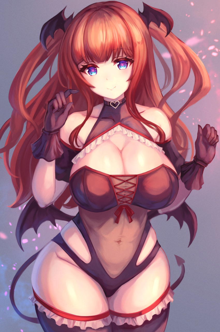 .live absurdres bare_shoulders black_gloves black_sleeves black_thighhighs blue_eyes breasts cleavage cleavage_cutout closed_mouth clothing_cutout collarbone covered_navel cowboy_shot cross-shaped_pupils demon_girl demon_tail demon_wings denchi_more_power detached_sleeves eyelashes female frilled_thighhighs frills gloves grey_background hands_up head_wings highres kakyouin_chieri large_breasts leotard long_hair red_hair red_ribbon ribbon see-through see-through_leotard short_sleeves sidelocks smile solo symbol-shaped_pupils tail thighhighs thighs two_side_up virtual_youtuber wide_hips wings