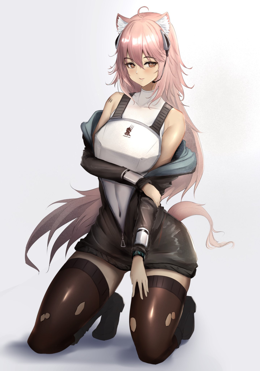 ahoge animal_ears arknights armor black_footwear black_jacket black_thighhighs boots breastplate bright_pupils brown_eyes covered_navel female gravel_(arknights) headset highres infection_monitor_(arknights) jacket kingdom_of_kazimierz_logo kneeling long_hair long_sleeves looking_at_viewer microphone off_shoulder open_clothes open_jacket pink_hair poni_(poni_arknights) shoulder_tattoo simple_background solo tail tattoo thighhighs torn_clothes torn_thighhighs very_long_hair white_background white_pupils