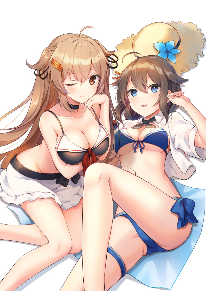 2girls bikini black_bikini black_hair blue_bikini blue_eyes braid breasts brown_eyes brown_hair gloves hair_between_eyes hair_flaps hair_ornament hair_over_shoulder hat heterochromia highres kantai_collection large_breasts light_brown_hair long_hair medium_breasts multiple_girls murasame_(kancolle) murasame_(swimsuit)_(kancolle) murasame_kai_ni_(kancolle) necktie red_eyes red_necktie senbei_(senbe_i) shigure_(kancolle) shigure_kai_san_(kancolle) shigure_kai_san_(swimsuit)_(kancolle) single_braid smile sun_hat swimsuit two_side_up