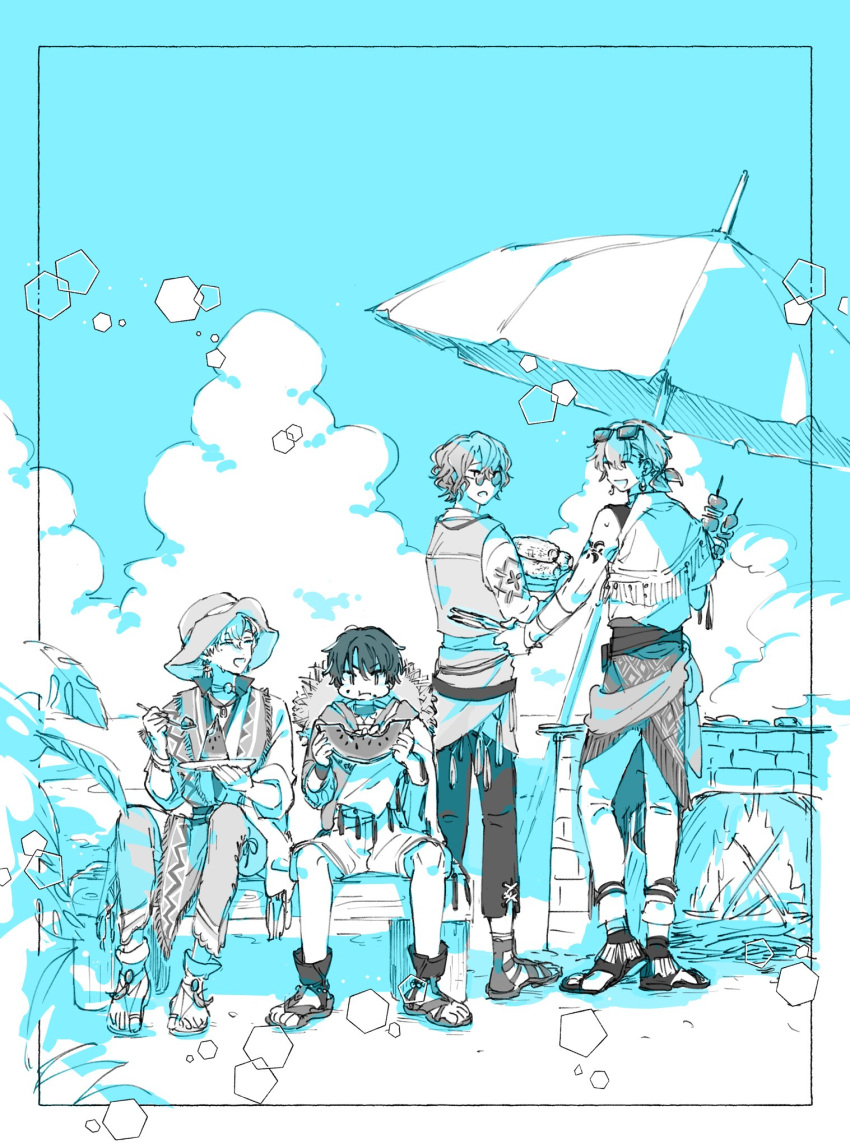 4boys ahogemarico beach choker cloud collared_shirt corn earrings eating eyewear_on_head faust_lavinia food food_on_face fork fruit grill hat heathcliff_blanchett highres holding holding_fork jewelry kebab limited_palette long_sleeves mahoutsukai_no_yakusoku male_focus mole mole_under_eye multiple_boys nero_turner ponytail round_eyewear sandals shino_sherwood shirt short_hair sleeveless sleeveless_shirt smoke straw_hat sun_hat sunglasses sweat umbrella watermelon watermelon_slice