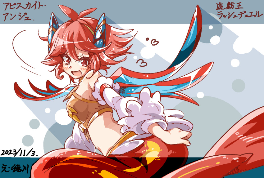 abysskite_ange blush character_name collar dated detached_sleeves duel_monster female full_body hair_ornament highres long_sleeves mermaid metal_collar midriff monster_girl open_mouth partially_translated red_eyes red_hair short_hair solo suteki2success translation_request wings yu-gi-oh! yu-gi-oh!_rush_duel