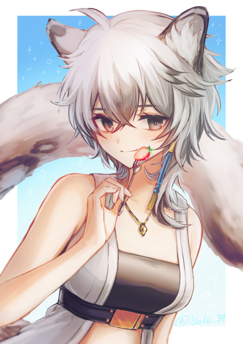 3_(sanyako1) absurdres ahoge animal_ears arknights bare_shoulders black_shirt blue_background border breasts cliffheart_(arknights) crop_top crossed_bangs female food fork fruit grey_eyes grey_hair hair_between_eyes highres holding holding_fork jewelry looking_at_viewer necklace open_clothes open_vest outside_border shirt short_hair simple_background small_breasts smile snow_leopard_ears snow_leopard_girl snow_leopard_tail solo strawberry tail upper_body vest white_border white_vest