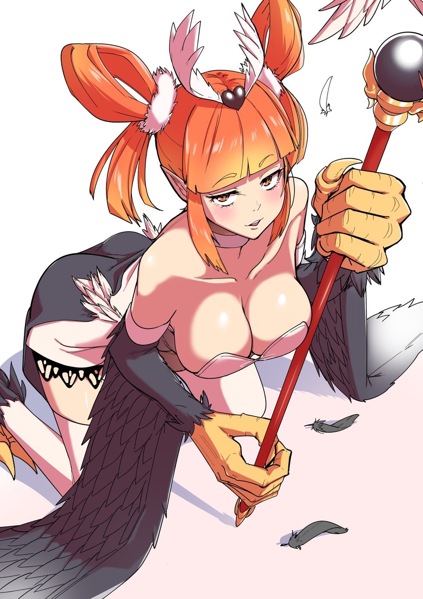 aoi_takeru bare_shoulders black_feathers black_wings blunt_bangs blush breasts claws cleavage commentary_request duel_monster feathered_wings feathers female hair_rings harpie_channeler harpy highres holding holding_staff kneeling large_breasts long_hair looking_at_viewer monster_girl open_mouth orange_eyes orange_hair pointy_ears sidelocks solo staff talons teeth thighhighs twintails upper_teeth_only white_thighhighs winged_arms wings yu-gi-oh!