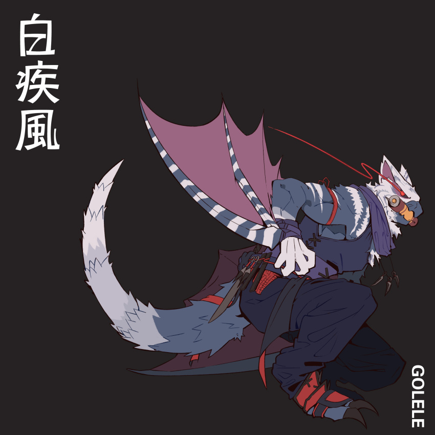 1:1 absurd_res anthro beak biceps capcom clothing crouching dagger eye_trail flying_wyvern footwear fur hi_res kunai male melee_weapon monster_hunter nargacuga ninja red_eyes scarf simple_background solo tail warrior weapon white_body white_fur